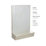 The Vulcan SP GONDOLA 36 X 54 ALMOND showcases a stylish almond base with a white pegboard, measuring 36 wide, 54 high, and 14 deep, ideal for neat retail displays.