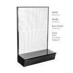 Meet the Vulcan SP Gondola 36 X 54 Black, a stylish display rack featuring a white pegboard. It measures 36 inches wide, 54 inches tall, and has a base depth of 14 inches, making it ideal for any retail space.