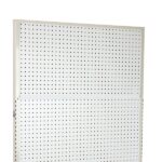 The Vulcan SP Extender 18 x 36 Almond pegboard boasts a perforated metal design with evenly spaced holes, elegantly framed in light hues, offering a stylish solution for any organizational challenge.