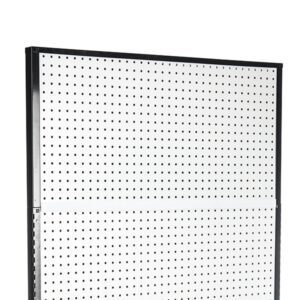 The Vulcan SP EXTENDER 18 X 36 BLACK is a white perforated pegboard with a black frame, ideal for tool organization. Its evenly spaced holes and sleek design provide both functionality and style against a plain white background.