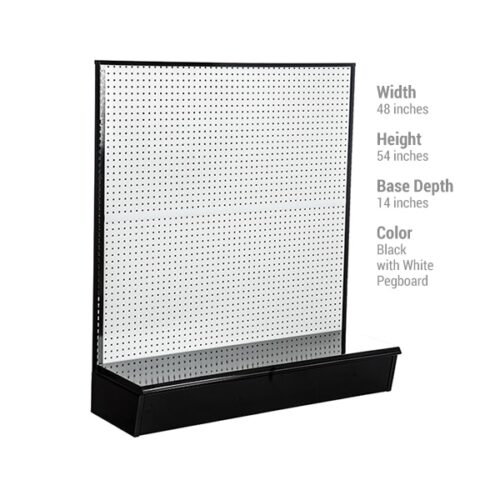 The Vulcan SP GONDOLA 48 X 54 BLACK display unit, featuring a sleek black base and contrasting white pegboard back, measures 48 wide, 54 high, with a base depth of 14, offering stylish item showcasing.