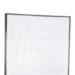 The Vulcan SP EXTENDER 18 X 48 BLACK* pegboard has a sleek rectangular design with a dark metal frame and white surface. Its grid of spaced holes is ideal for organizing tools or hanging items, combining functionality and style for any wall.