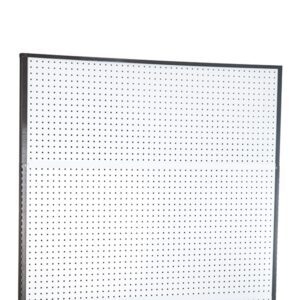 The Vulcan SP EXTENDER 18 X 48 BLACK* pegboard has a sleek rectangular design with a dark metal frame and white surface. Its grid of spaced holes is ideal for organizing tools or hanging items, combining functionality and style for any wall.