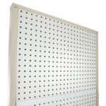 A Vulcan SP EXTENDER 18 X 24 BLACK rests against a white background on a beige metal pegboard with round holes, framed by a thin border and captured from an angled view.