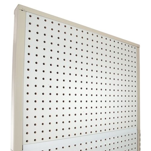 A Vulcan SP EXTENDER 18 X 24 BLACK rests against a white background on a beige metal pegboard with round holes, framed by a thin border and captured from an angled view.