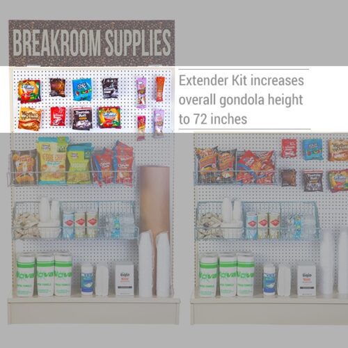 A breakroom display showcases snacks and drinks on shelves of chips, candy, and beverages. Signage highlights the Vulcan SP EXTENDER 18 X 24 BLACK, which extends the gondola height to an impressive 72 inches.