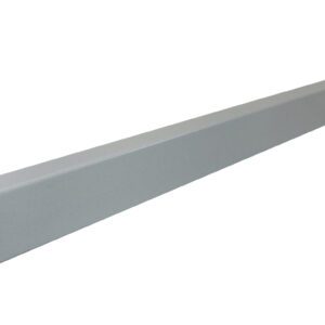 A long, rectangular, gray metal channel with an open side is set diagonally against a white background.