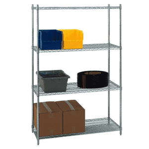 The Jaken Chrome Wire Shelving 24x72x74 holds plastic bins, a large black roll, a gray container, and two cardboard boxes on four evenly spaced shelves, neatly organized for accessible storage.