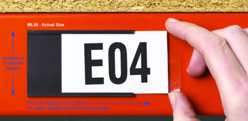 A hand inserts a label with E04 printed on it into a black holder. The holder is attached to a red surface. Blue text indicates the features: available in 10 different heights, and pre-cut lengths up to 200mm or custom lengths.
