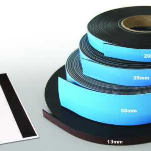 Four rolls of black adhesive tape in assorted widths labeled 13mm, 20mm, 25mm, and 50mm. A pair of scissors and a small piece of tape are placed on a white surface beside the rolls.