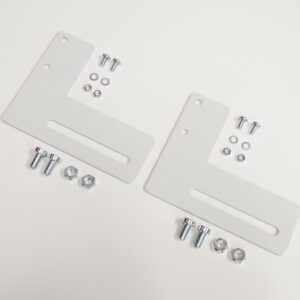 Two L-shaped metal brackets with slotted holes are laid out symmetrically. Surrounding them are bolts, nuts, and washers organized in pairs, all on a white background.