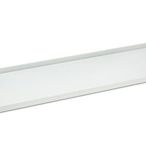 A long, rectangular, white metal shelf with upward-facing side edges and holes for mounting. The shelf is angled for perspective, showing its flat surface and slightly raised sides.