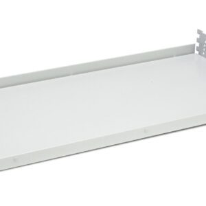 A plain, light gray metal shelf with a flat surface and raised edges on three sides, this piece exemplifies high-quality laboratory furniture. Perfect for analytical testing environments, it features vertical slots on the sides for easy mounting.