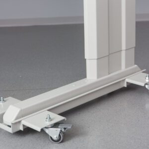 Close-up of a white, adjustable hospital bed base on a grey floor. The base has four wheels with locks, allowing mobility and stability. The design is sleek and functional, suitable for medical environments.