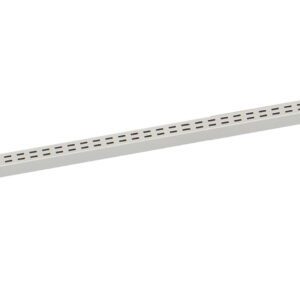 A long, thin, rectangular white vent cover with a series of evenly spaced square holes running down its length, positioned diagonally across a plain white background.