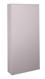 A sleek, 64 tall rectangular gray metal storage cabinet with smooth surfaces and sharp corners stands upright against a white background. Its simple design pairs perfectly with the Aurora Quik-Lok Shelving Back Panel for organized efficiency.