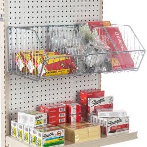 A store shelf displays office supplies featuring Vulcan WIRE BASKET 12 X 24 OEB baskets with boxes of rubber bands and other items, while the lower shelf holds packs of sticky notes, Sharpies, and index cards. Packaging is vibrant, with distinct brand names clearly visible.