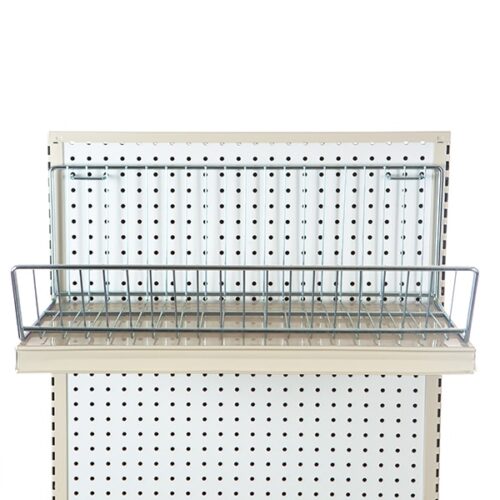 The Vulcan WIRE BASKET 12 X 24 OEB (8 per carton) is ideal for retail displays, made to fit on beige perforated panels with evenly distributed holes for showcasing products efficiently.
