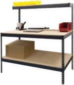 A metal-framed workbench with two wooden shelves. The top shelf has a yellow container, a tape dispenser, and a paper cutter. A red organizer and a large cardboard box are on the lower shelf.