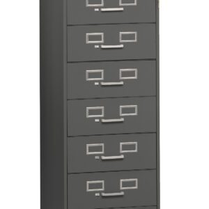 A tall, gray metal filing cabinet with seven drawers, each featuring a label holder and handle. The cabinet has a lock near the top right corner. The design is simple and functional.