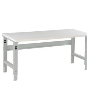 A simple white workbench with a flat tabletop and sturdy metal legs. The bench has an industrial design with an adjustable height feature, indicated by holes in the legs. The background is plain white.