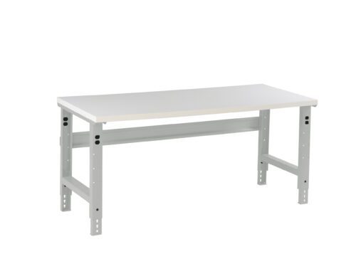 a2xk7hq8dwmhqwqifydh.jpg A simple white workbench with a flat tabletop and sturdy metal legs. The bench has an industrial design with an adjustable height feature, indicated by holes in the legs. The background is plain white.