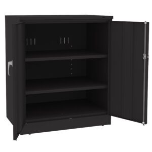 A black metal cabinet with two open doors revealing two adjustable shelves inside. The cabinet is simple and industrial in design.