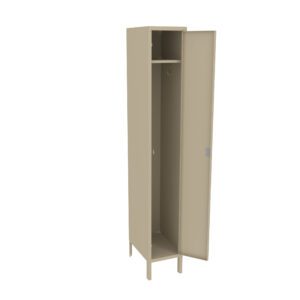 A beige metal locker with one open door revealing a shelf at the top, a hanging rod for clothes, and an empty space below. The locker stands on short legs.
