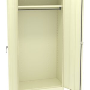 An open beige metal storage cabinet with two doors wide open. Inside, there is a horizontal metal rod near the top, suitable for hanging items. The cabinet stands on a flat surface.