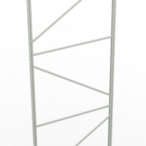 A metal shelving frame with vertical and diagonal supports, standing upright against a plain white background. The frame is empty, displaying its simple, industrial design.