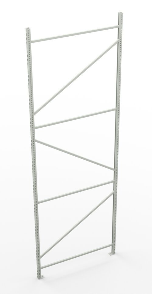 A metal shelving frame with vertical and diagonal supports, standing upright against a plain white background. The frame is empty, displaying its simple, industrial design.