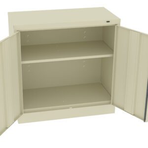 A beige metal cabinet with two open doors revealing two empty shelves inside. The cabinet is set against a plain white background.