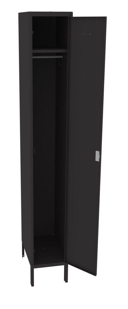 a9thlcytfzsenqqlxuve.jpg Open black metal locker with one door ajar, revealing a hanging rod inside. The locker is tall and free-standing with a simple, minimalist design.