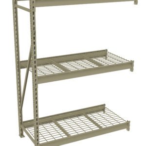 A light green, three-tiered metal shelving unit with a gridded design on each shelf. The frame consists of side supports and cross braces for stability, and each shelf has a grid pattern for ventilation and support.