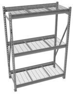 A metal shelving unit with three levels, featuring grated shelves and a sturdy frame. The design includes side supports for stability, and its shown in a plain setting with no additional items.