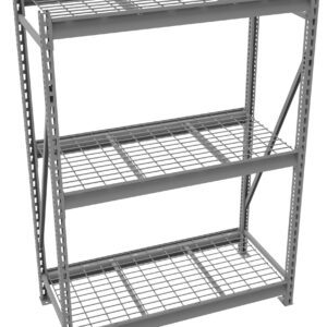 A metal shelving unit with three levels, featuring grated shelves and a sturdy frame. The design includes side supports for stability, and its shown in a plain setting with no additional items.