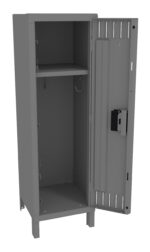 A tall, open metal locker with a single shelf inside. The locker is gray, has a hook on the side interior, and features a vented door with a latch for locking. The design is simple and utilitarian.