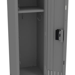 A tall, open metal locker with a single shelf inside. The locker is gray, has a hook on the side interior, and features a vented door with a latch for locking. The design is simple and utilitarian.