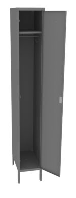 A tall, open gray metal locker is shown with one door ajar. Inside, there is a hanging rod near the top. The locker stands on short legs and has a simple, industrial design.