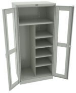 A gray metal storage cabinet with two doors open. Inside, there are multiple shelves on the right side and a wider space with a single shelf on the left, allowing for versatile storage options. The doors have clear panels.