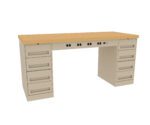 A wooden workbench with a light brown top and eight metal drawers, four on each side. It features multiple circular cutouts along the front edge for cable management. The design is simple and functional.