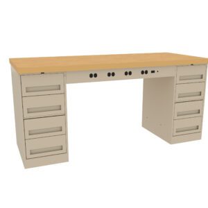 A wooden workbench with a light brown top and eight metal drawers, four on each side. It features multiple circular cutouts along the front edge for cable management. The design is simple and functional.