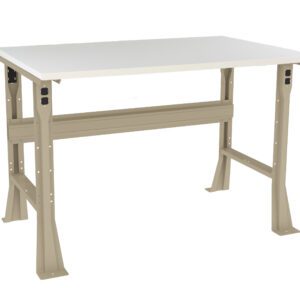 A sturdy workbench with a beige metal frame and a solid white tabletop. The bench has adjustable legs with reinforced beams for stability and durability.