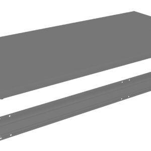 A gray, rectangular metal shelf and a matching horizontal support beam are displayed against a white background. The shelf and beam are parallel to each other, showcasing their sleek, industrial design.