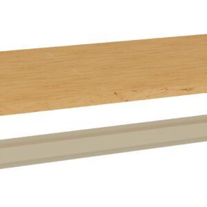 A rectangular wooden tabletop is floating above a beige metal beam. The surface of the tabletop has a light, natural wood finish.