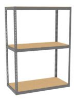 A three-tiered metal shelving unit with a gray frame and wooden shelves. The structure is simple and utilitarian, ideal for storage or organizing items. The shelves are evenly spaced on the metal frame.