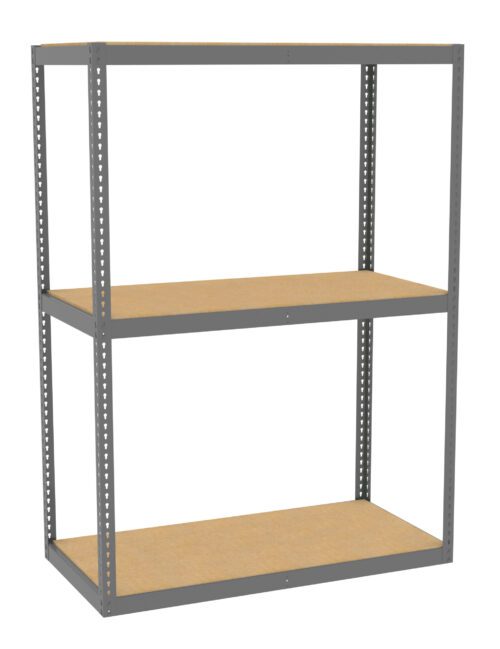 A three-tiered metal shelving unit with a gray frame and wooden shelves. The structure is simple and utilitarian, ideal for storage or organizing items. The shelves are evenly spaced on the metal frame.