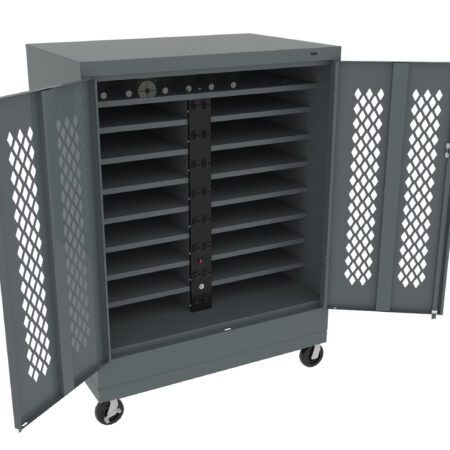 A gray metal storage cabinet with open doors, featuring twelve horizontal shelves. The doors have diamond-shaped perforations. The cabinet is on wheels and has a vertical power strip with outlets inside.