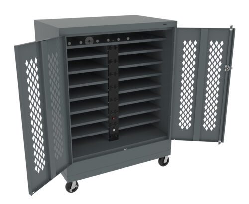 A gray metal storage cabinet with open doors, featuring twelve horizontal shelves. The doors have diamond-shaped perforations. The cabinet is on wheels and has a vertical power strip with outlets inside.