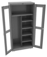 A metal storage cabinet with open doors displaying several internal shelves on the right and a tall compartment on the left. The cabinet is gray, with transparent windows on each door.